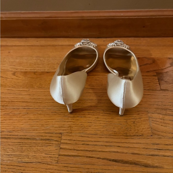 Badgley Mischka Cream Peep-Toe Heels with Crystal Embellishment